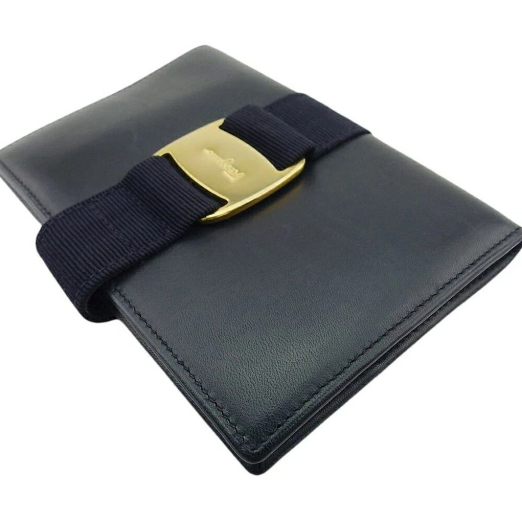 Salvatore Ferragamo Passport Case Navy Gold Women Authentic Secondhand